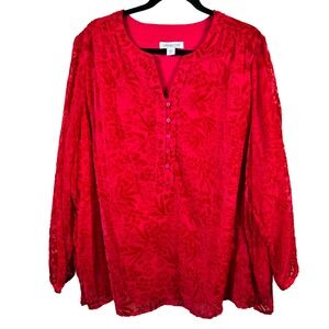 Coldwater Creek Velvet Burnout Popover Blouse Womens 2X Red Floral Sheer Sleeves